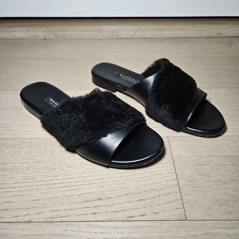 Newbark Women's Size 10 Yasmin Leather Shearling Slide Flat Sandal Black - Picture 3 of 11